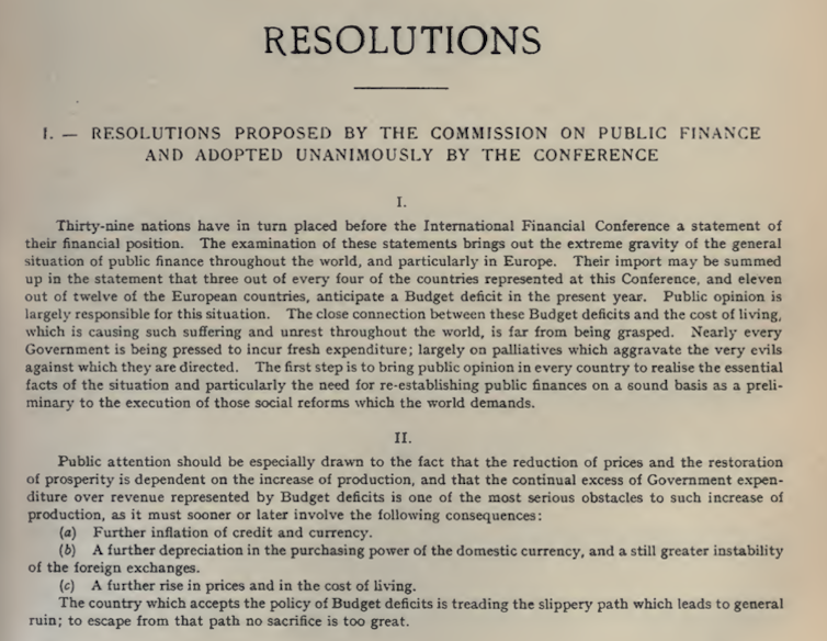 Resolutions of the Brussels International Financial Conference 1920.