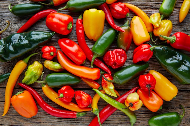 A variety of chilli peppers on a table