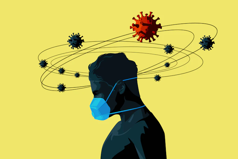 Ilustración de un hombre con mascarilla. Alrededor de su cabeza gravitan virus.