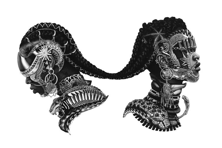 Two heads facing away from each other and connected at the hair.