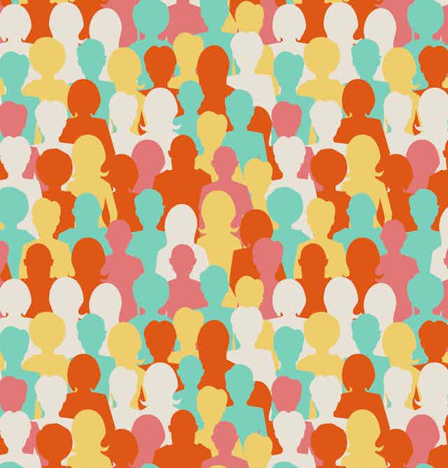 A crowd of multi-coloured silhouettes.