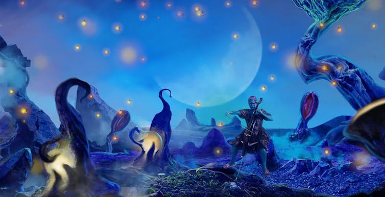 (A woman playing a stringed instrument sits against a purple night environment)