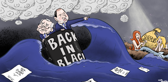 Morrison and Frydenberg riding tumultuous waves in their Back in Black mug. 