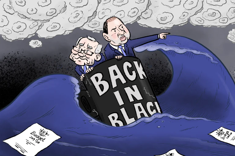 Morrison and Frydenberg riding tumultuous waves in their Back in Black mug.