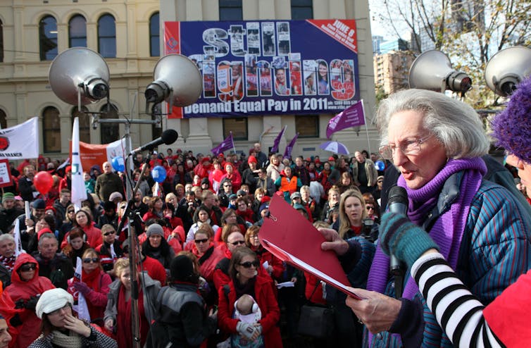 The late Zelda D'Aprano addresses an equal pay rally in 2011 The late Zelda D'Aprano addresses an equal pay rally in 2011