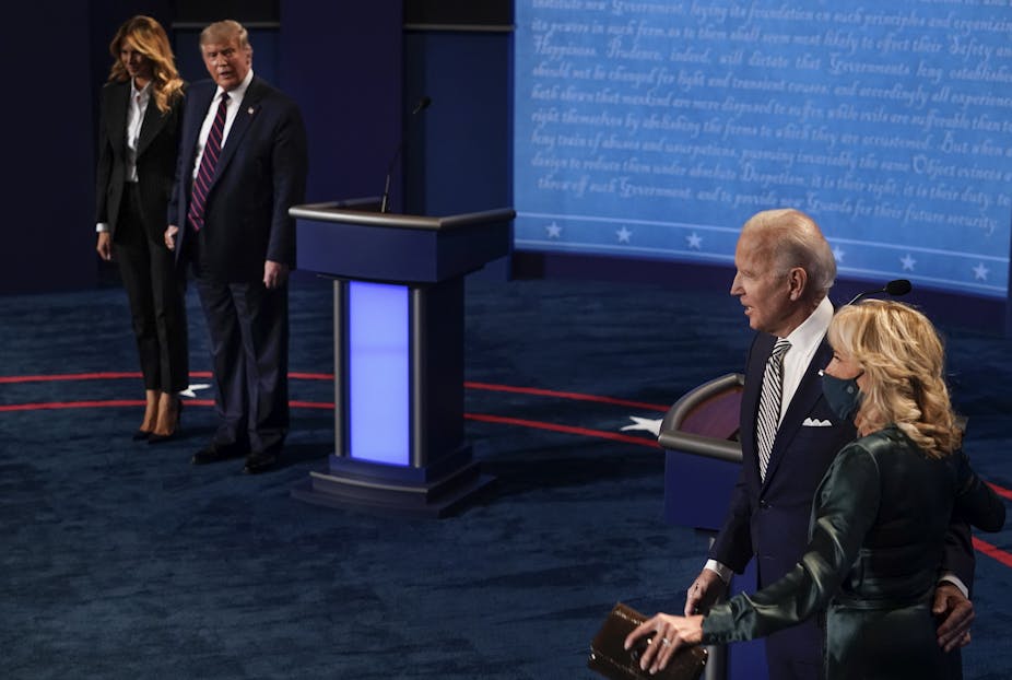 First Lady Melania Trump, US President Donald J. Trump, Democratic presidential candidate and former Vice President Joe Biden, and his wife Jill Biden after the first presidential debate.