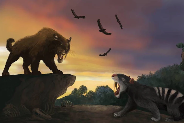 Two fierce-looking prehistoric mammals growl at each other.