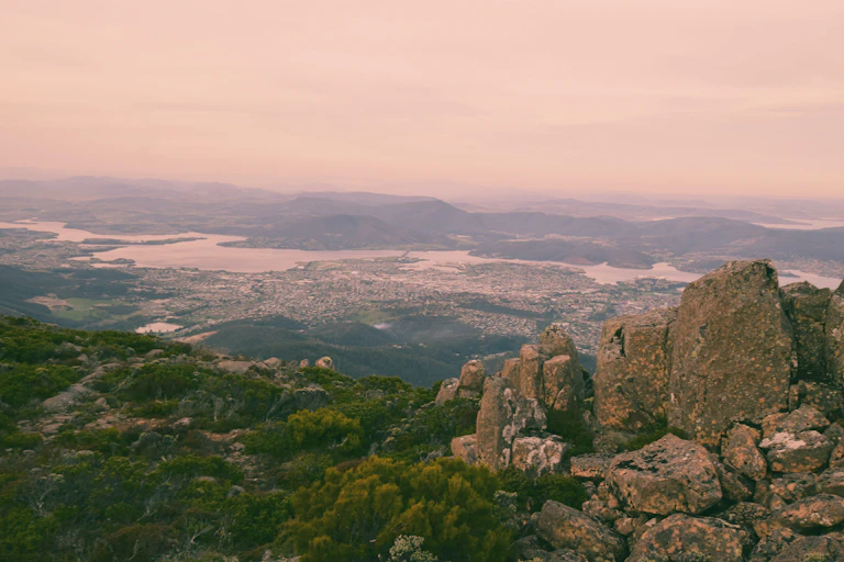A pink hazy sky over Hobart