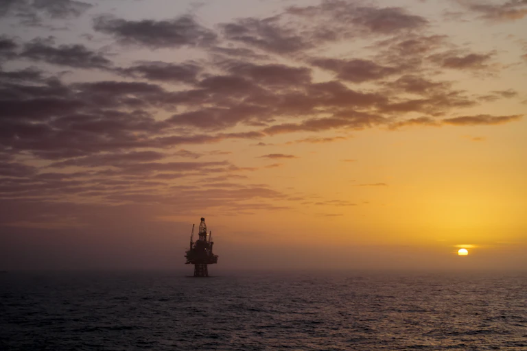 North Sea oil rig at sunset