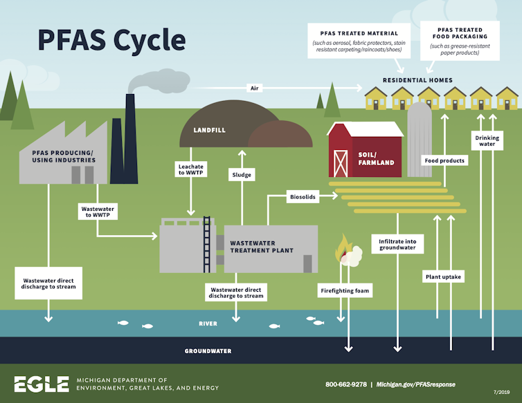 Graphic showing how PFAS moves from many sources into soil and water