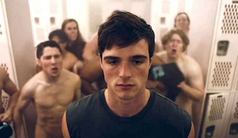 Naked teens jeer at one of their classmates in a locker room in a scene from 'Euphoria.'