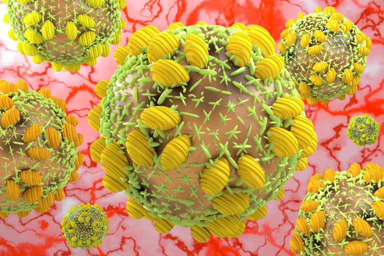 A 3D rendering of the hepatitis C virus.