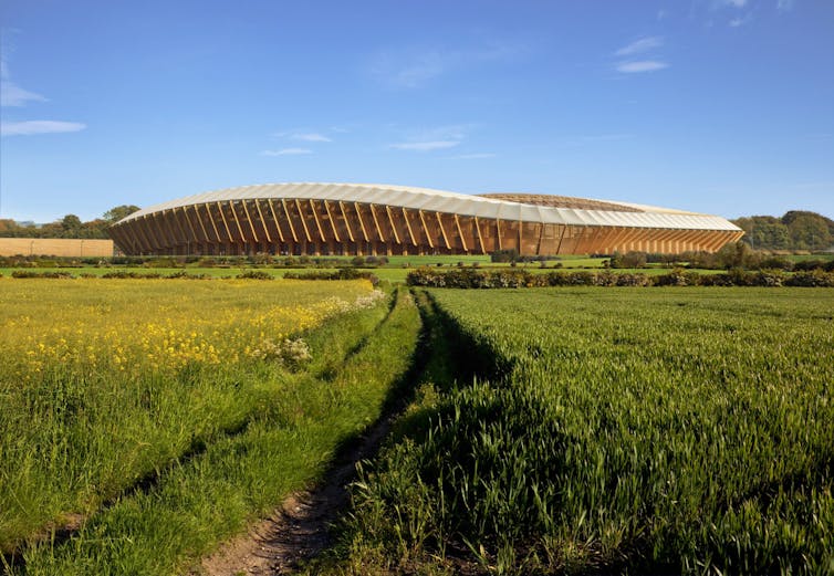 A 3d render of the proposed new stadium of Forrest Green Rovers FC