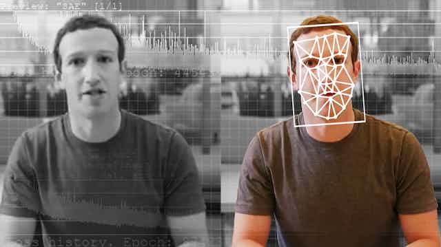 a pair of images of Facebook CEO Mark Zuckerberg, one with dots and lines mapping the features of his face
