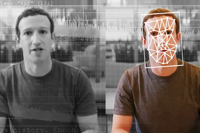 a pair of images of Facebook CEO Mark Zuckerberg, one with dots and lines mapping the features of his face