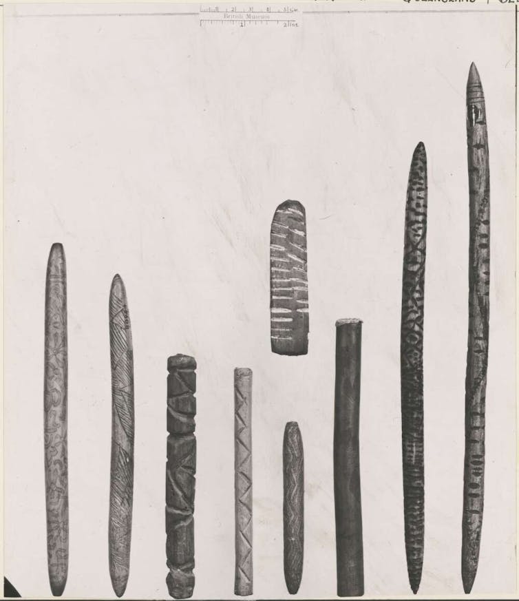 A collection of Indigenous message sticks.