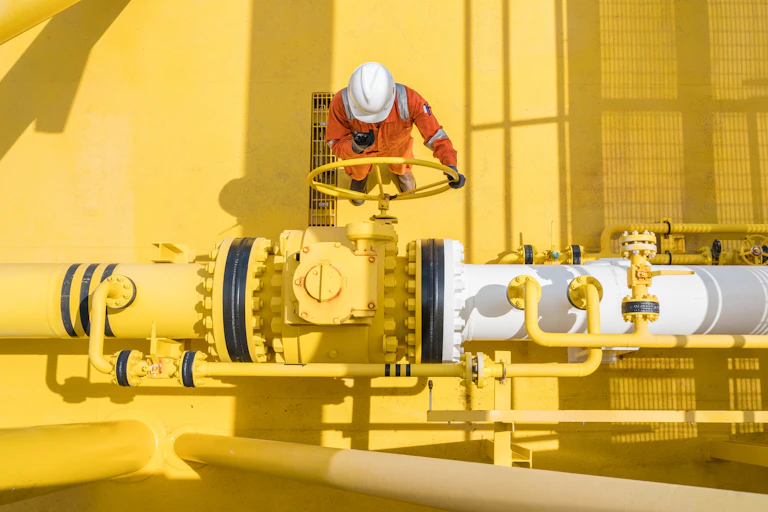 A worker in orange overalls and white hard hat operates a valve on a rig.