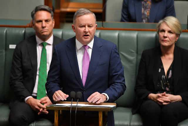 Anthony Albanese delivering budget reply speech