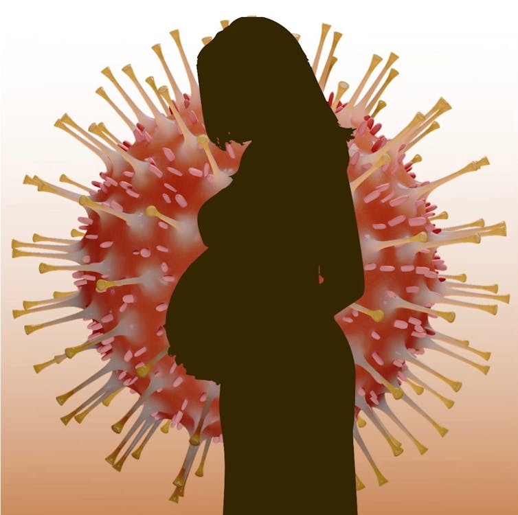 Silhouette of a pregnant woman against an illustration of a coronavirus.