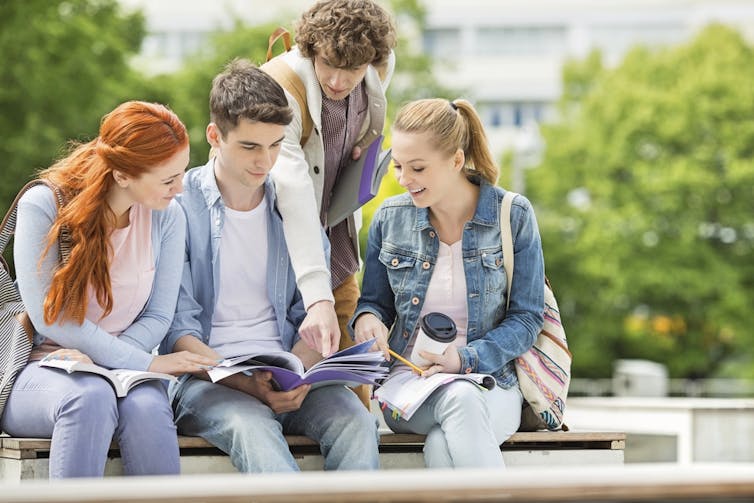 Group of young adult students outside looking at books and papers, studying