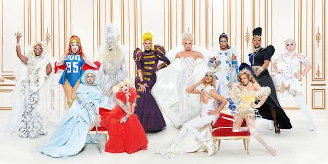 The 12 drag queens of Canada's Drag Race posing.