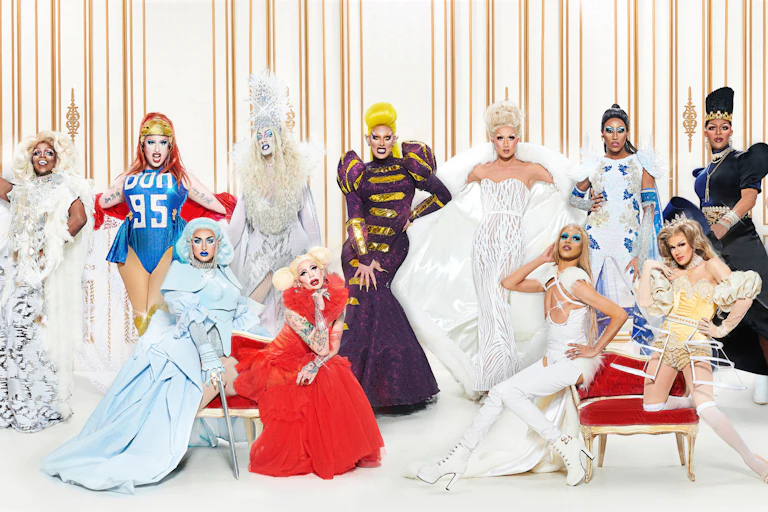 The 12 drag queens of Canada's Drag Race posing.