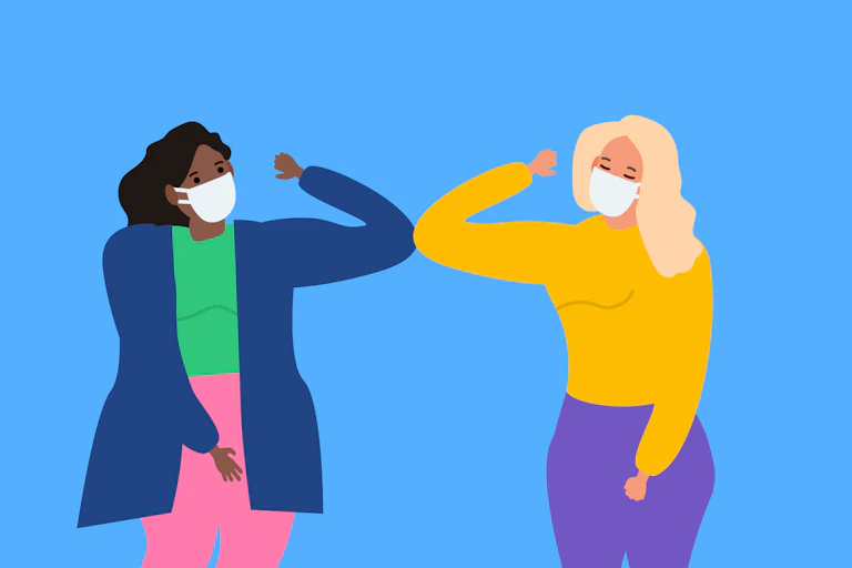 People greet each other by bumping elbows.