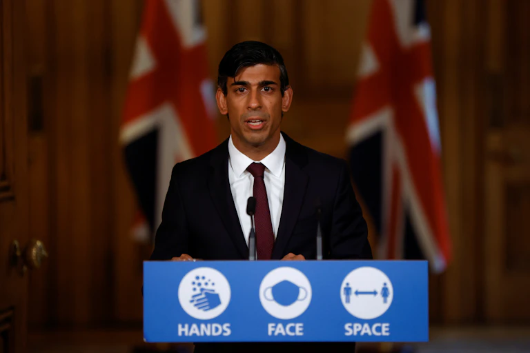 Chancellor of the exchequer Rishi Sunak standing in front of podium.