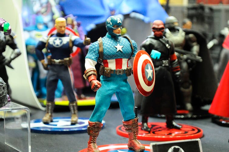 Superhero action figures, including Captain America.