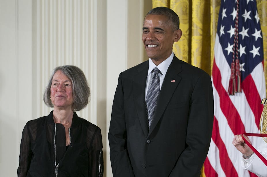 Poet Louise Glück and President Barack Obama in 2015.