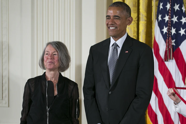 Poet Louise Glück and President Barack Obama in 2015.