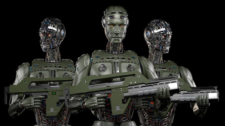 Group of heavily armed military robots