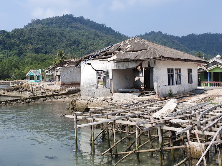 Damaged buildings on a seafront, tropical forest background.