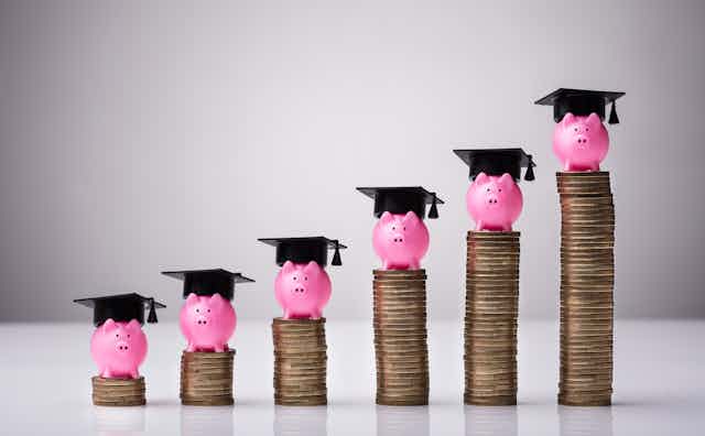 A row of ascending coins topped with piggy banks in graduation caps.