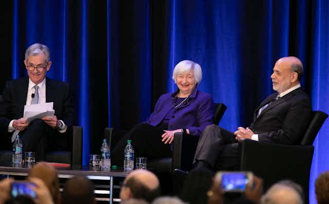 Federal Reserve Chair Jerome Powell and former Chairs of the Federal Reserve Janet Yellen and Ben Bernanke participate in a panel discussion at the American Economic Association conference on Jan. 4, 2019 in Atlanta, Georgia.