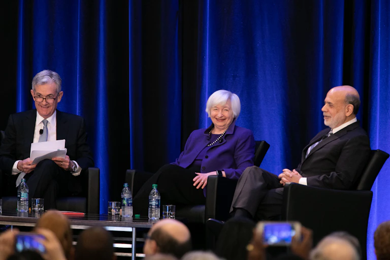 Federal Reserve Chair Jerome Powell and former Chairs of the Federal Reserve Janet Yellen and Ben Bernanke participate in a panel discussion at the American Economic Association conference on Jan. 4, 2019 in Atlanta, Georgia.