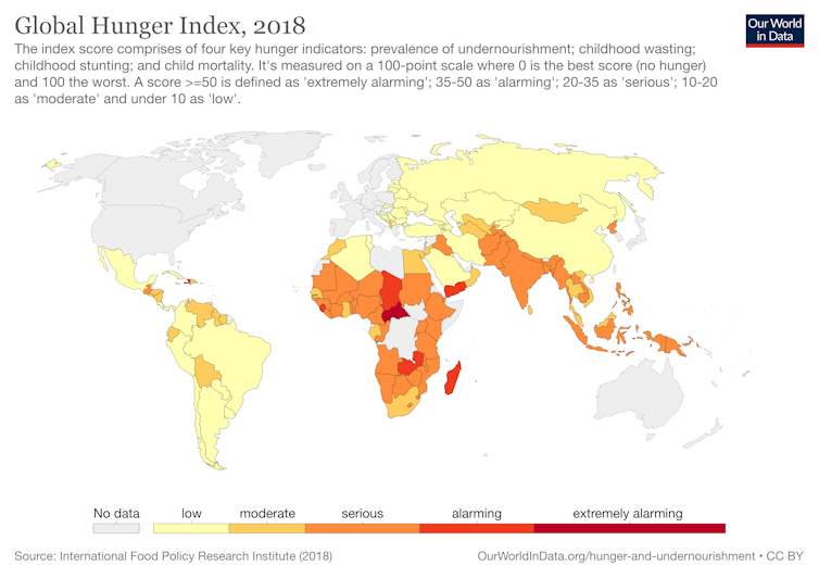 World map showing countries with highest rates of undernourishment and child wasting, stunting and mortality.