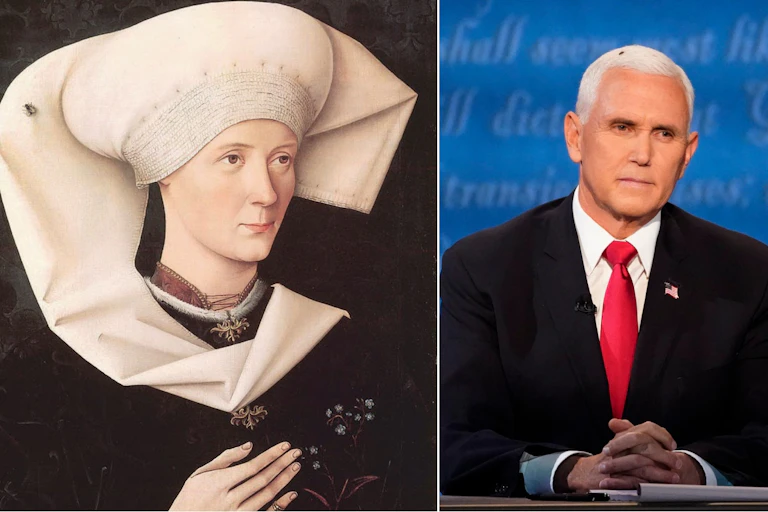 An image of a Renaissance portrait of a woman with a fly and Vice President Mike Pence with a fly.