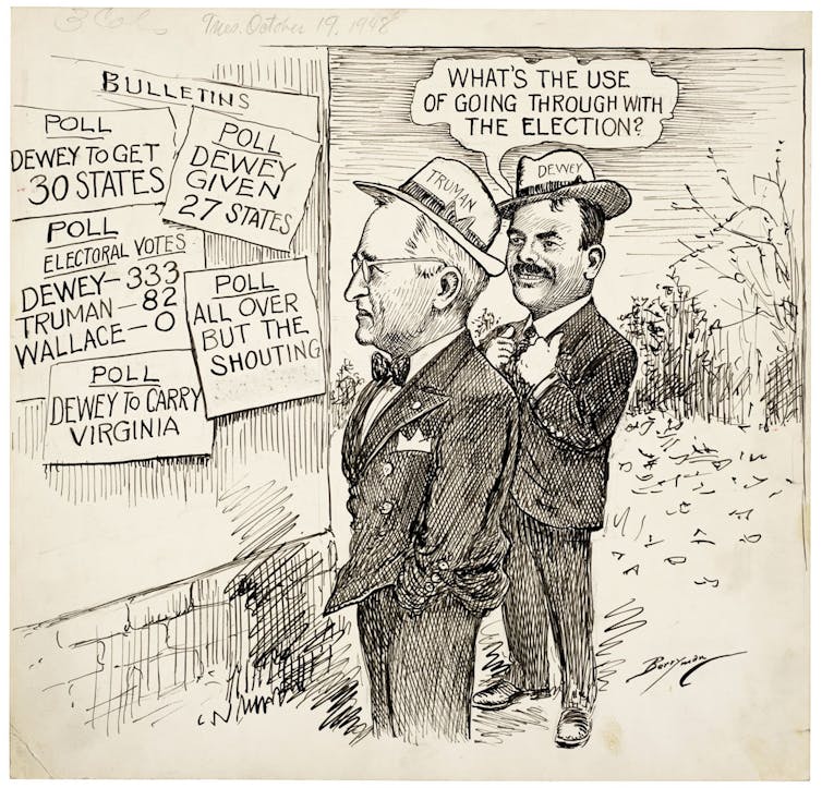 Candidates Harry Truman and Thomas Dewey in a cartoon featuring predictions of Dewey's win.