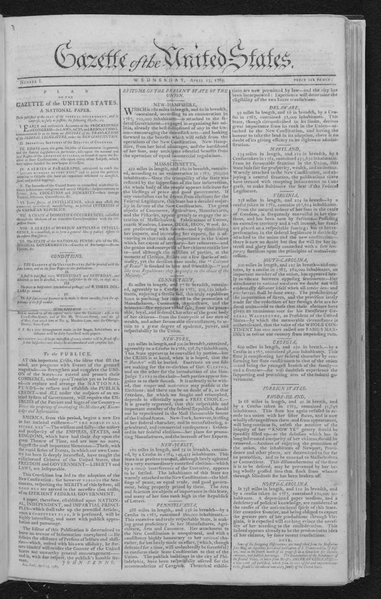 Front page of the April 15, 1789 edition of the Gazette of the United States