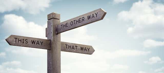 A sign labelled 'this way', 'that way' and 'the other way'.