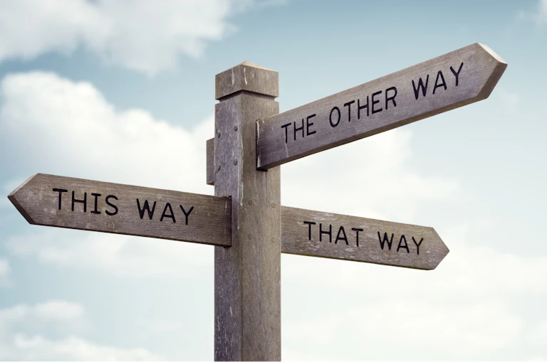 A sign labelled 'this way', 'that way' and 'the other way'.