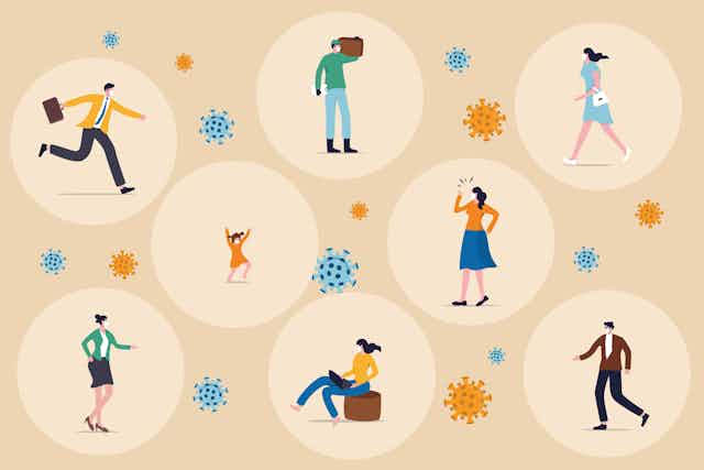 An illustration of people surrounded by bubbles with virus particles in between them.