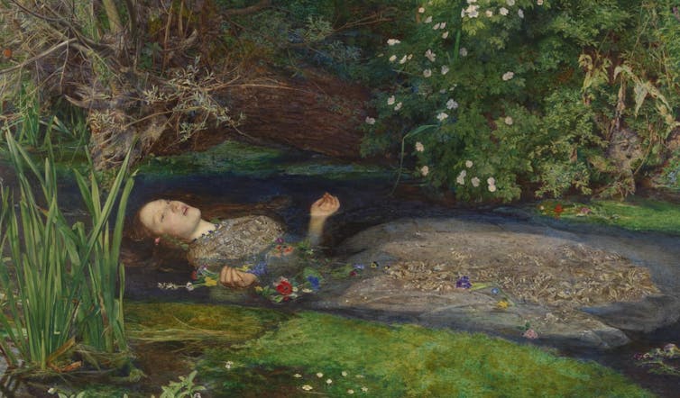 Painting of Ophelia floating after she drowned in a river.