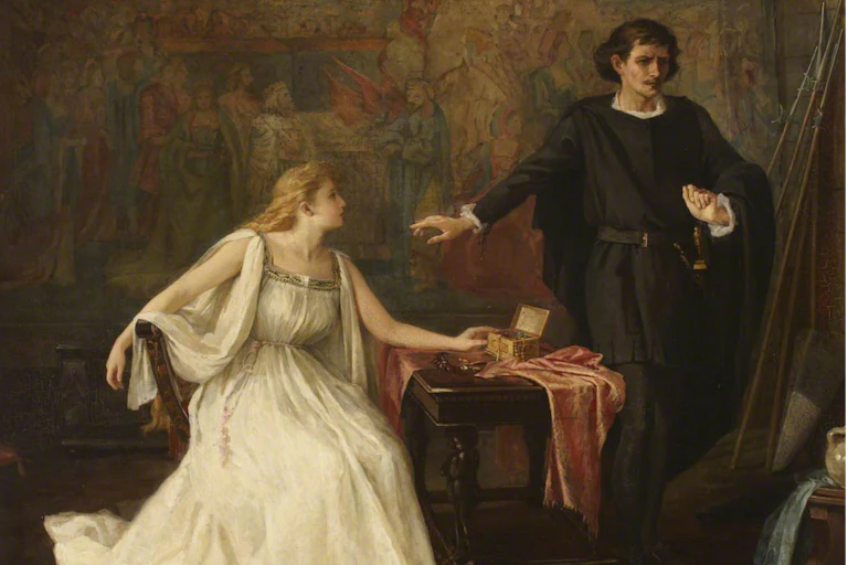 Painting of Hamlet walking away from a seated Ophelia.