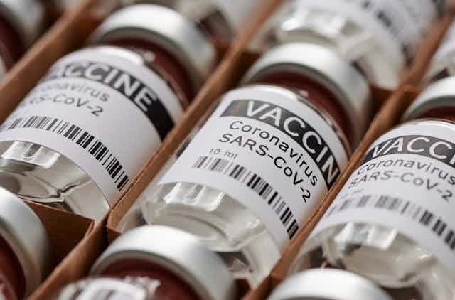 A box of vials of coronavirus vaccine.