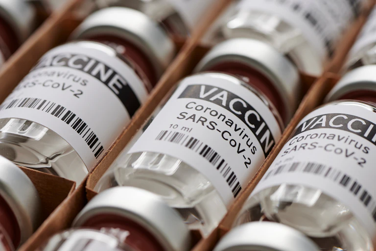 A box of vials of coronavirus vaccine.