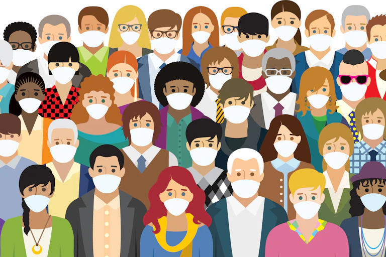 An illustration of many different people wearing face masks.