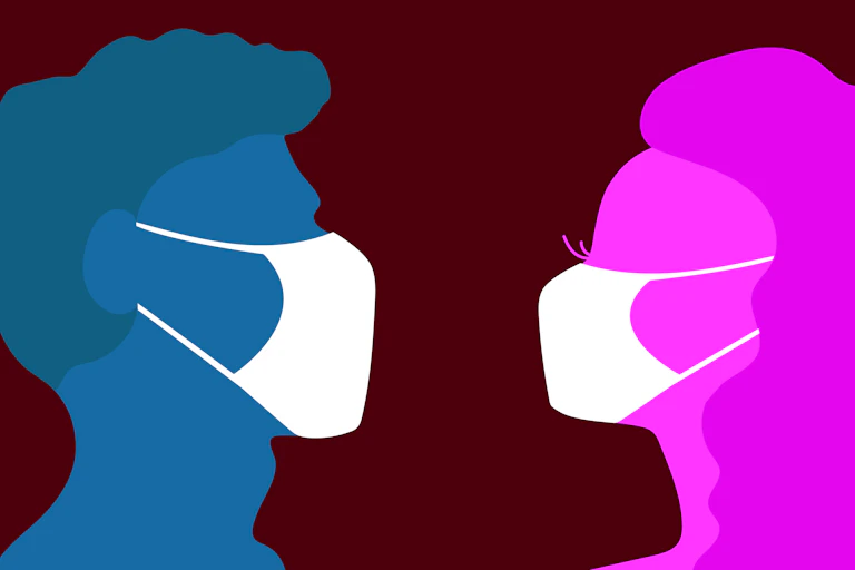 Ilustración de perfiles de hombre y mujer mirándose de frente con mascarillas blancas.