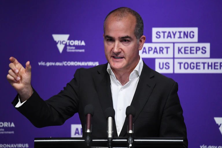 Victorian Education Minister James Merlino at press conference announcing money for catch-up tutors.